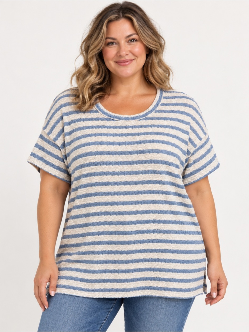 Heimish Blue & Cream Striped Textured Short Sleeve Top Size 1X NWOT